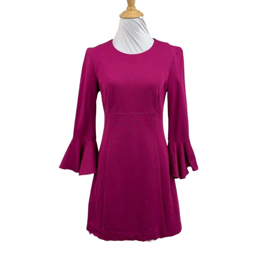 Trina Turk Dress Womens S Geranium Bell Sleeves Ponte Knit Sheath Peekaboo Lace